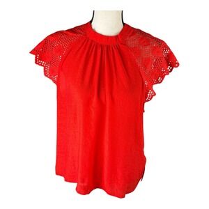 NANETTE LEPORE Embroidered Sleeves Red Blouse Women's Size Large Red‎ Lace Top
